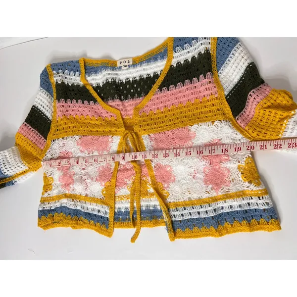 POL Crochet Tie Front Cardigan Floral Lace Striped Boho Sweater Medium - Image 5