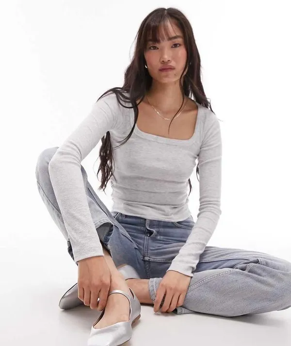 Topshop Women’s square neck ribbed long sleeve top in gray heather - Image 3