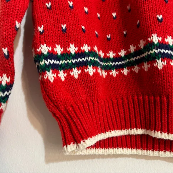 Vintage Red Knit Geometric Fair Isle Mock Neck Sweater Ski Nordic Winter - Image 3