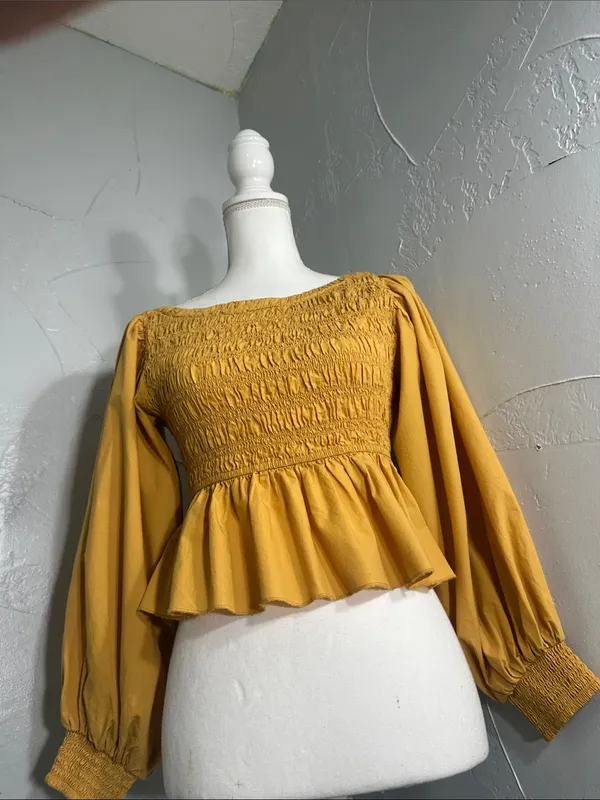 Free People mustard Yellow Smocked Peplum Blouse. - Image 6