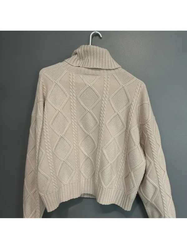 Mango Cable Knit Turtleneck Chunky Sweater M Cream Fisherman Coastal Cottage - Image 3