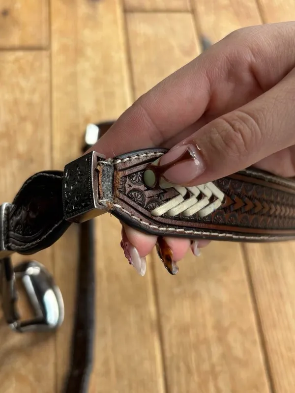Brown Tooled Leather Belt with Silver Detailing - Image 6