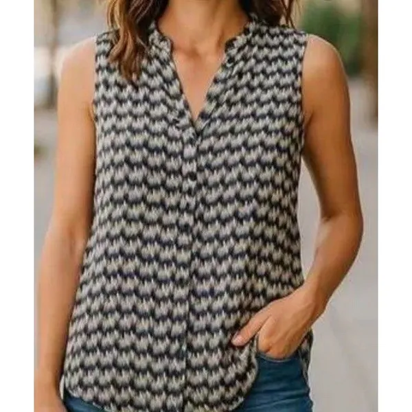 Anthropologie Maeve Ikat Print Sleeveless Tank Blouse Cream Navy Blue Sz S Boho - Image 2