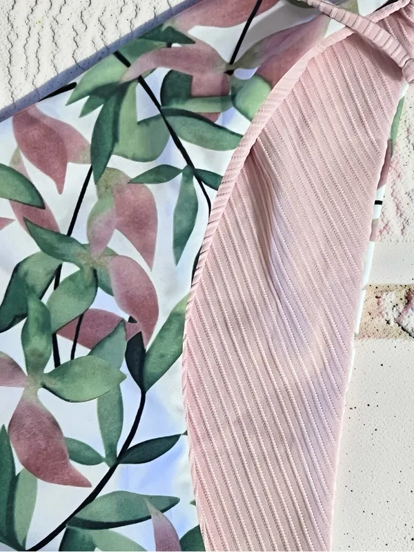 CUPSHE Reversible Ribbed Bikini Set Size S Peach & Leaf Print - Image 8