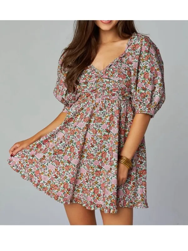 Buddy Love Poppy Puff Sleeve Mini Dress Windsor Women’s Small Pink Floral Ruffle - Image 2