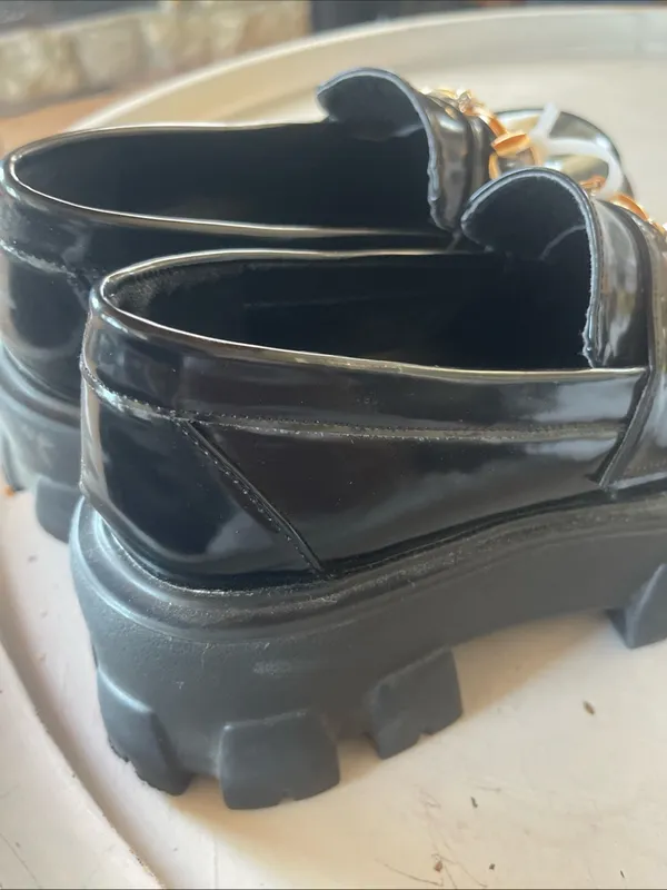 Princess Polly Black Patent Lug-Sole Loafers with Gold Bit - Image 4