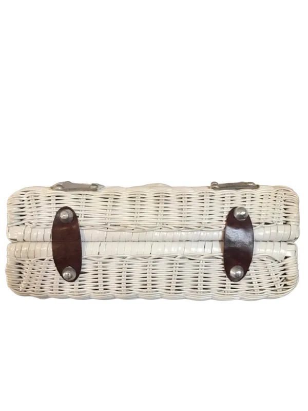 Vintage 1960'S Styled By Bounty White Wicker With Mauve & Gray Faux Suede Bag - Image 7