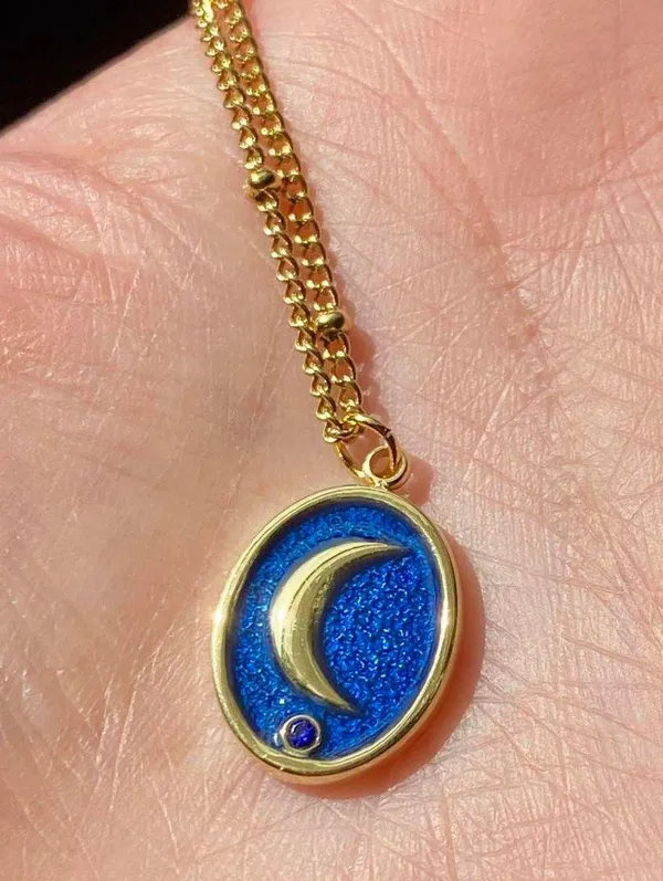 Handmade gold stainless steel blue celestial whimsical chic moon necklace🌟 - Image 5