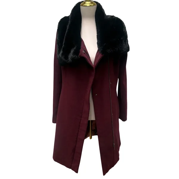 DKNY Wool Cashmere Blend Coat 4 Burgundy Faux Fur Collar Zip‎ Timeless Classy - Image 8