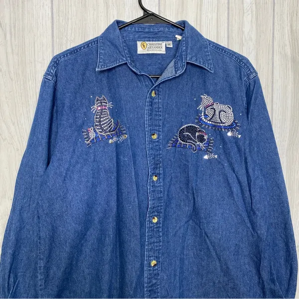 Christine Alexander Bedazzled Cat Button Down Chambray Denim Shirt size M Medium - Image 3