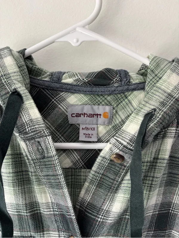 Carhartt Relaxed Fit Flannel Hooded Green White Plaid Button Front Shirt - Image 2