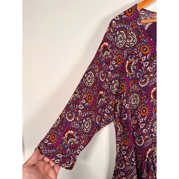 Garnet Hill Tunic‎ Dress Womens 14 Purple Paisley Floral V-Neck 3/4 Sleeve boho - Image 2