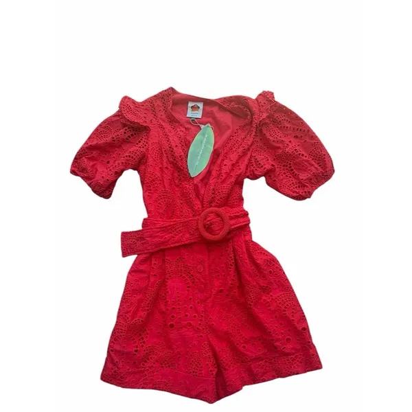 NEW Farm Rio Eyelet Beaded Belt Romper Red Short Sleve Broderie anglaise cotton - Image 4