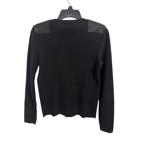 Y2K Lauren Jeans Co Black Rib Knit Crewneck Leather Patch Long Sleeve M Moto - Image 2