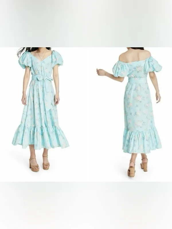 Love Shack Fancy X Target Estelle Blue Floral Puff Sleeve Midi Dress Size 8 - Image 3