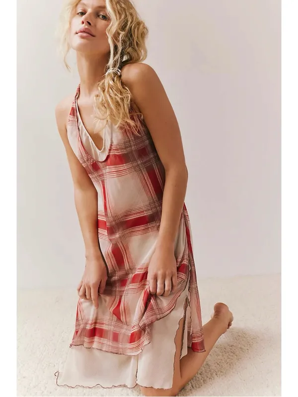 Free People Retro 90s Grunge Seeing Double Plaid Layered Midi Slip Dress Medium - Image 3
