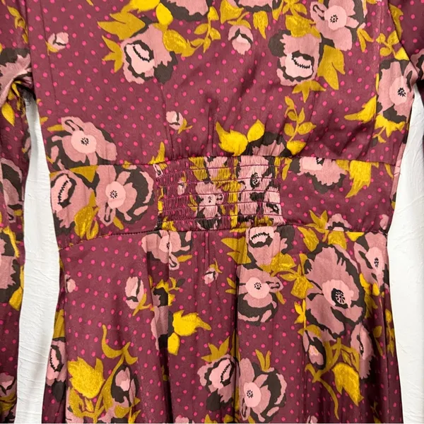 Free People Red Floral Balloon Sleeve Mini Dress Womens 2 Peasant Satin Burgundy - Image 10