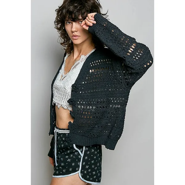 POL Open-Knit Floral Button‎ Cardigan - Small - Image 3