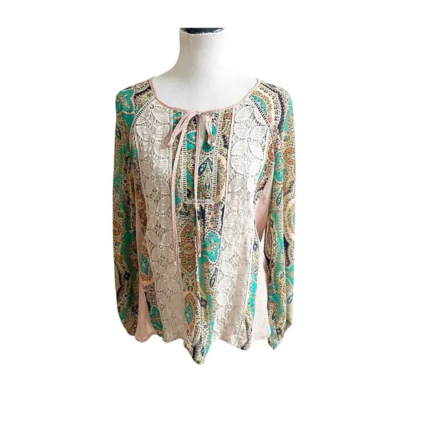 Anthropologie Meadow Rue Giada Crochet Semi Sheer Multicolor Peasant Blouse Med - Image 2