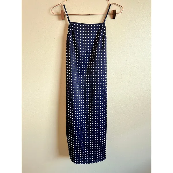 Urban Outfitters Slip Dress Womens‎ XS Navy Polka Dot Satin Midi Square Neck - Image 3