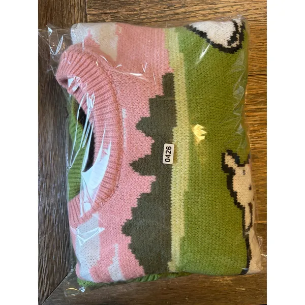 Aelfric Eden Sheep Pastoral Landscape Knit Sweater Green Pink Size Medium - Image 5