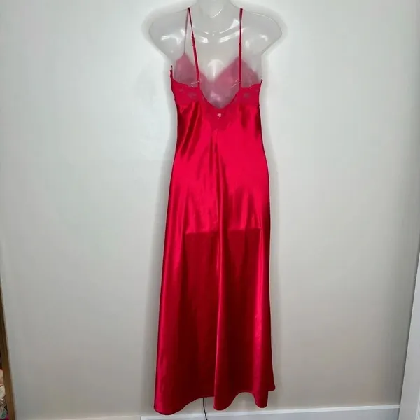 Vintage Victoria’s Secret Y2k Silky Slit Red Maxi Slip Dress Rosette Lace Medium - Image 4