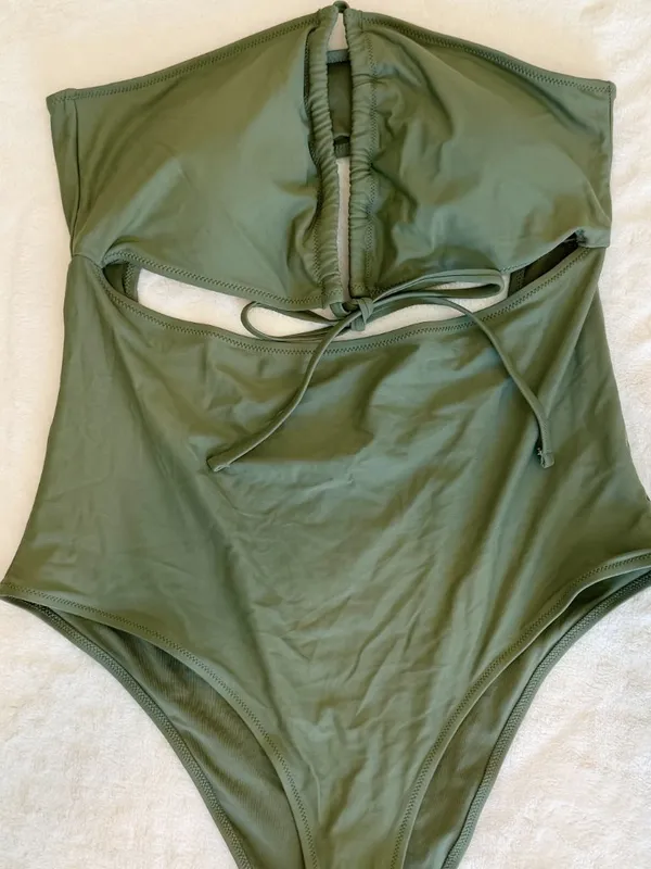 NWT Aerie Ruched Cut Out Cheeky One Piece in Olive Green - Size:Extra Large - Image 5