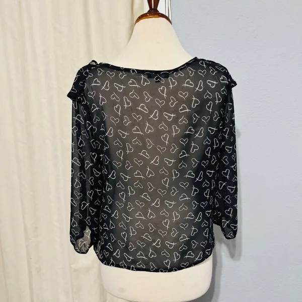 Timing Black Sheer Heart Print Ruffle Tie Front Blouse Top Women Sz L‎ Celestial - Image 5