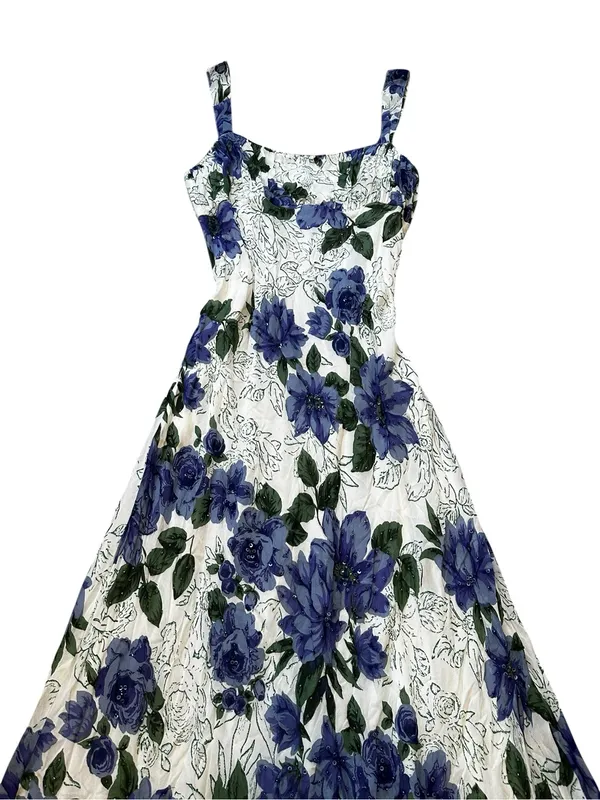 Vintage Floral Midi Dress Sequin Beaded 90s Y2K Feminine Cottagecore Party - Image 6