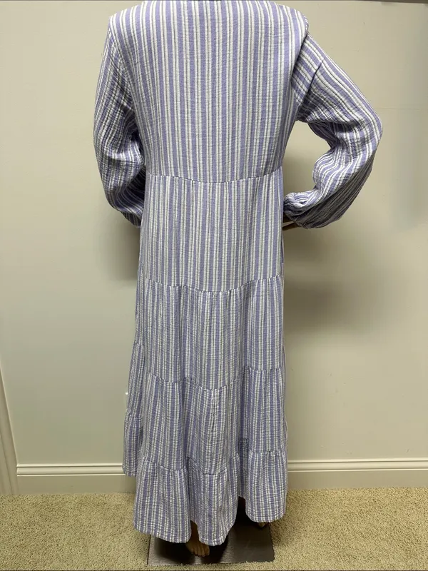 New Universal Thread Blue & White Striped Long Sleeve V-Neck Tiered Maxi Dress S - Image 9