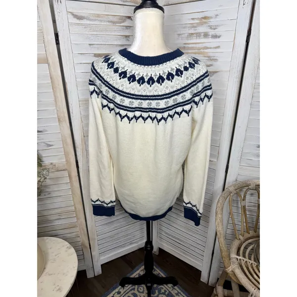 AMOUR VERT Women's XL Whistler Nordic Fair Isle Ribbed Knit Sweater Navy Cream - Image 5