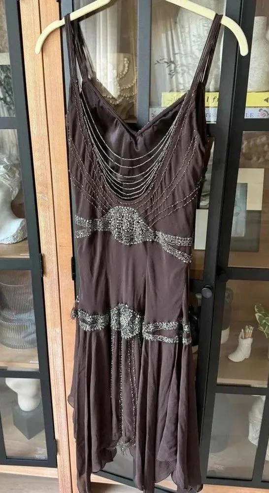 Vintage silk dress beaded Y2K embroidered 90s fairy nocturne chocolate - Image 2