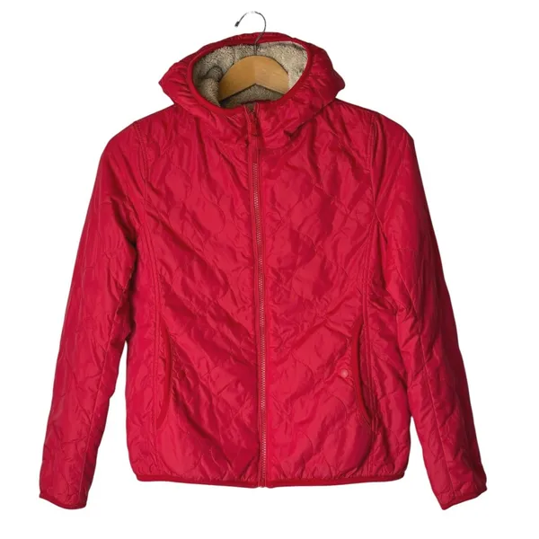 Uniqlo Quilted Puffer Jacket Women Small Red Fleece Lined Hooded Gorpcore - Image 2