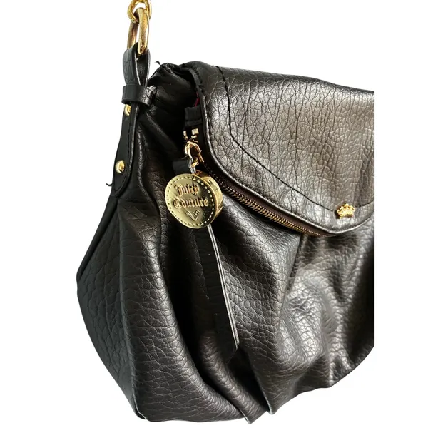 Juicy Couture Black Pebbled Hobo Shoulder Bag Gold Chain Pink Interior - Image 2