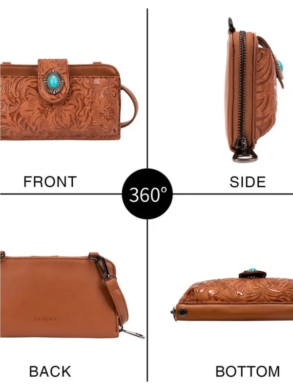 LAVAWA Tooled Brown Leather Crossbody Wallet with Turquoise Accent - Image 3