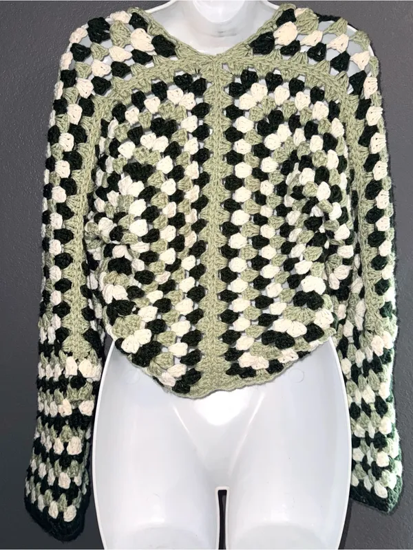 Handmade Crochet Granny Square Cardigan Tie Front Green Crop Top Small Medium - Image 6
