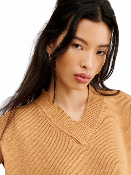 Free People Easy Street Vest Tan Cropped Camel Sweater Vest Rib Knit Preppy Sz M - Image 3