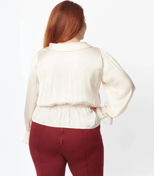 Unique Vintage NWT Champagne Satin Peplum Blouse X-LARGE - Image 4