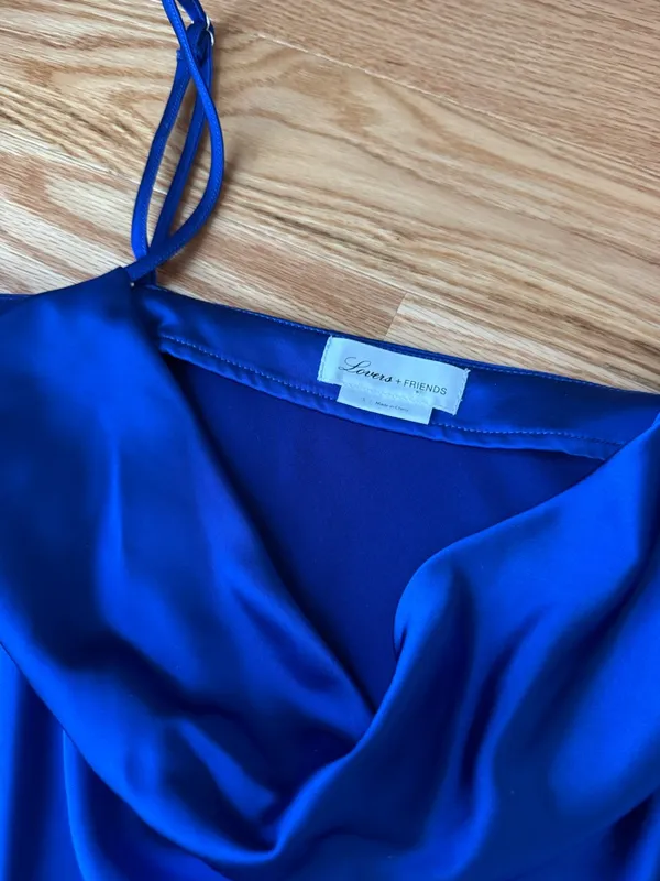 Revolve Lovers + Friends Marley Mini Dress Cobalt Blue Satin Cowl Neck - Size S - Image 9