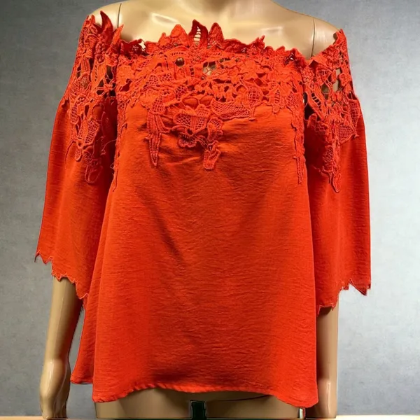 Umgee Red Orange Lace Appliqué Off Shoulder Top Sleeve Detail Womens Small - Image 13