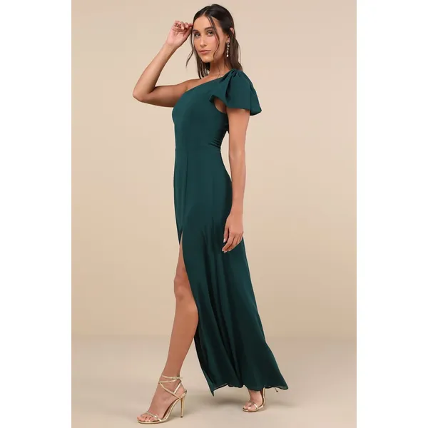 Lulus Simply Brilliant Emerald One-Shoulder Bow Maxi Dress Formal Large NWT - Image 4