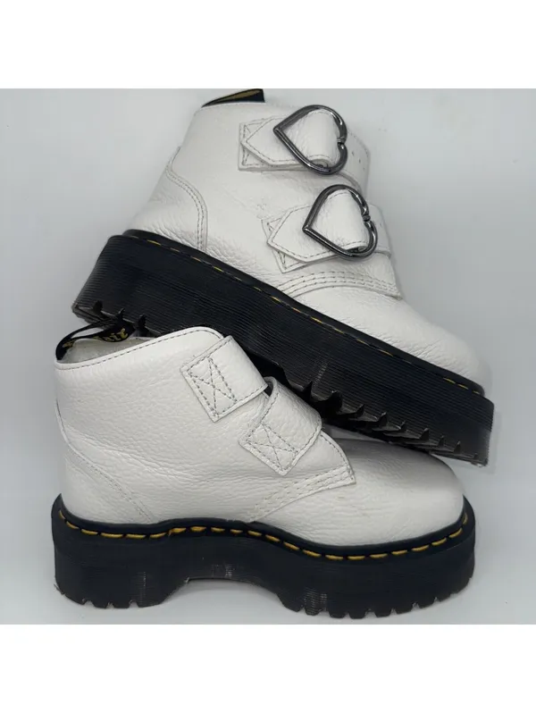 Dr. Martens Women's Devon Hearts White Leather PLATFORM Boots US 5 Buckle SlipOn - Image 5