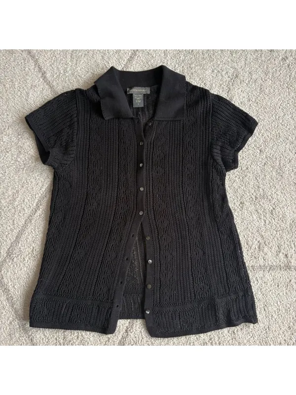 Banana Republic Y2K Black Pointelle Knit Polo Button Front Top - Image 2