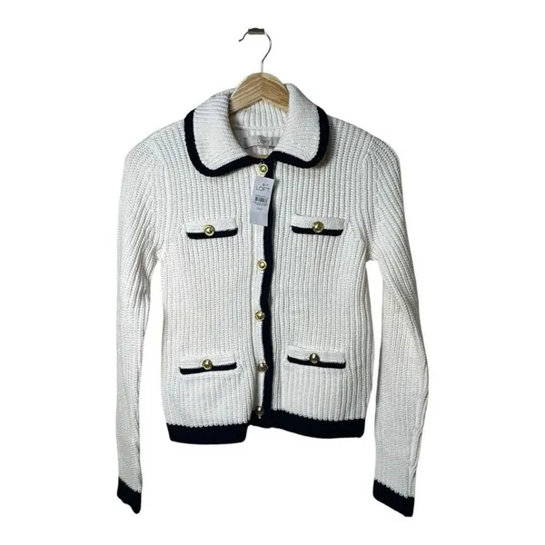 Loft tipped ribbed sweater‎ jacket cream navy blue trim xxs - Image 3