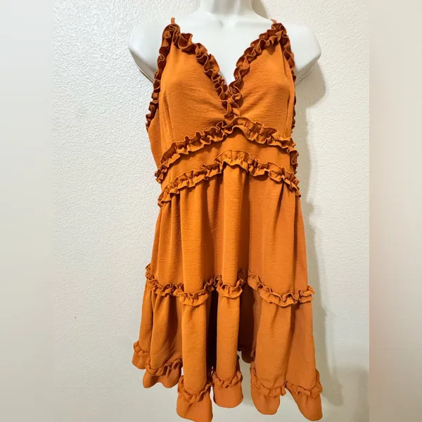 IRIS Rust Orange Ruffle Mini Dress Size M – Boho Flowy Summer - Image 2