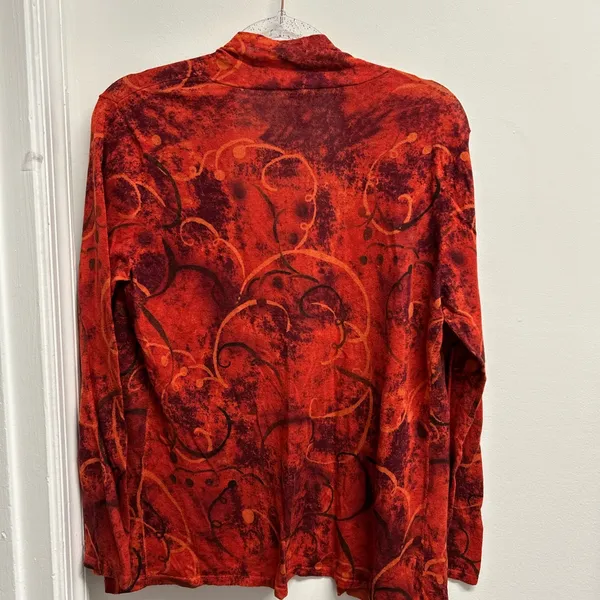 Chico's Vibrant Abstract Orange Linen Blend Open Cardigan - Image 2