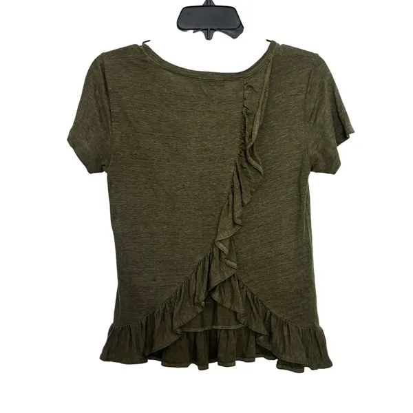 J Crew 100% Linen Olive Green Ruffle Short Sleeve Peplum Top XS Sustainable - Image 2