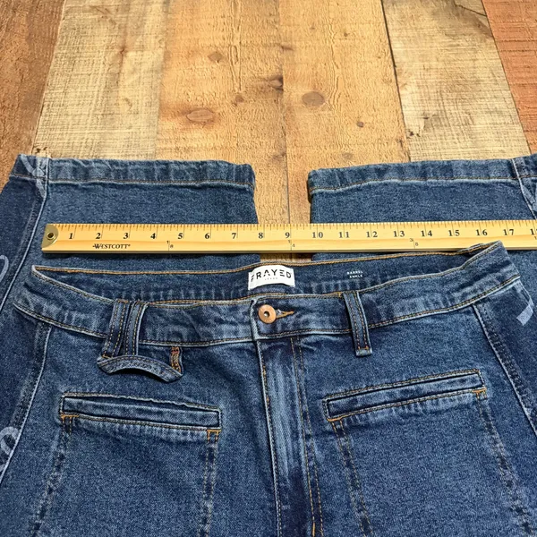 Frayed Dark Wash Bow Print Side High Rise Barrel Leg Jeans Sz 32 Boho Festival - Image 5
