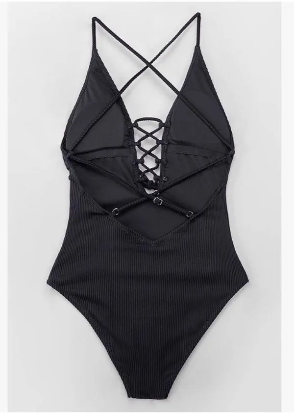 CUPSHE Black Ribbed V-neck lace up one piece swimsuit small NEW - Image 4