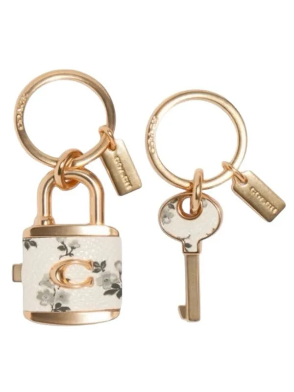 Coach keychain for women, key ring, lock, bag charm, leather floral pattern-RARE - Image 3